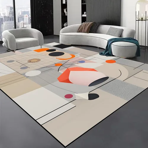 Miniatura 10 de Alfombra geométrica abstracta negra/marrón/naranja de 6x8 pies - Alfombra lavable multicolor moderna retro, alfombra antideslizante