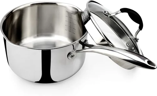 AVACRAFT Cacerola de acero inoxidable de tres capas con tapa coladora de vidrio, dos picos vertedores laterales, cacerola multiusos con tapa, olla