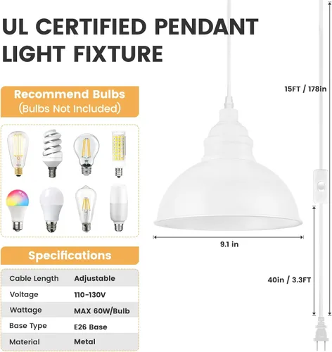 Miniatura 3 de Lámpara colgante enchufable, luces colgantes de 15 pies, interruptor de encendido/apagado, lámpara colgante industrial con cable de enchufe, Blanco