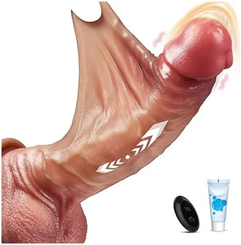 Consolador de prepucio de empuje y vibración Jerkable – Pene realista de 8.5 pulgadas con 9 vibradores y 3 empujes, vibrador de piel real,