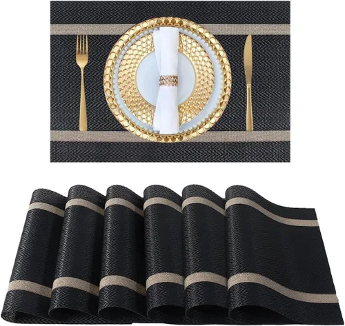 Miniatura 10 de FAVE Juego de 12 manteles individuales negros tejidos con hilo dorado de vinilo para bodas, banquetes, cumpleaños, fiestas, restaurantes