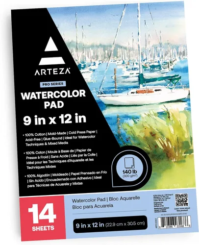 ARTEZA Papel de acuarela, 14 hojas, papel de color de agua de 9 x 12 pulgadas, 140 lb/300 gsm, 100% algodón, prensa en frío, papel de arte sin ácido