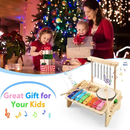Miniatura 7 de Juego de batería para niños, instrumento musical para bebés, xilófono de madera para niños pequeños con juego de batería para bebé y campanilla