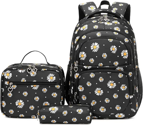 3 piezas de mochila con estampado de margaritas para niños, mochila de escuela primaria, mochila para estudiantes de primaria, mochila para Negro
