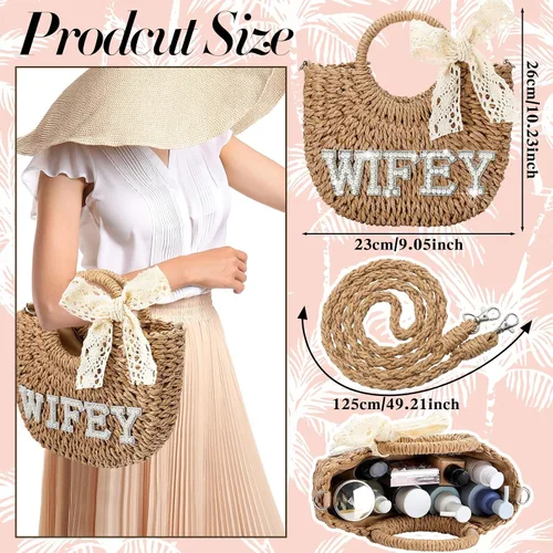 Miniatura 21 de Pinkunn Bolso de paja para novia, bolso tejido a mano, con parches de letras de diamantes de imitación, para despedida de soltera, luna de miel
