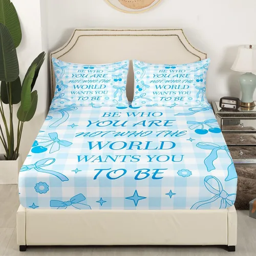 Miniatura 2 de Sábana bajera con lazo azul tamaño individual, juego de ropa de cama de princesa con cerezas, estrellas y flores margaritas de dibujos animados