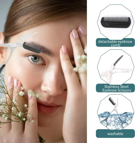Miniatura 3 de KALIONE Tijeras profesionales para recortar cejas con peine, acero inoxidable, negro, ambidiestro, borde recto, 2 unidades, perfectas para hombres