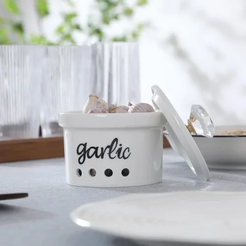 Miniatura 2 de Soporte de ajo con tapa de cristal, contenedor de ahorro de ajo de cerámica de 12.5 oz para encimera, decoración de cocina de estilo granja (Oro)