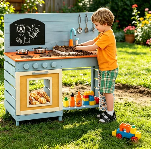 Costzon Cocina de barro, juego de juguetes de madera con estufas, fregadero, grifo, parrilla, pizarra, perillas giratorias, macetas, estantes y