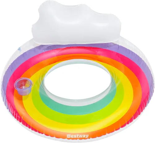 Bestway Anillo de natación grande | Flotador inflable de piscina de 42 pulgadas con reposacabezas y soporte para tazas, diseño de arcoíris