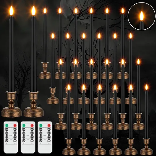 Miniatura 8 de Fumete Paquete de 24 velas cónicas sin llama con control remoto y temporizador, velas LED parpadeantes realistas con llama 3D, ventana LED con base