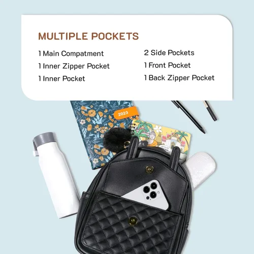 Miniatura 2 de Missnine Mini mochila para mujer, bonita mochila pequeña con pompón, de piel sintética, mini mochilas casuales para damas, 1-negro, Casual Chic