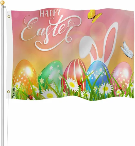 Miniatura 23 de Yekiua Bandera de conejo de Pascua, huevos de 3 x 5 en hierba verde con margaritas, flores resistentes a la decoloración UV, color vivo, cabecera