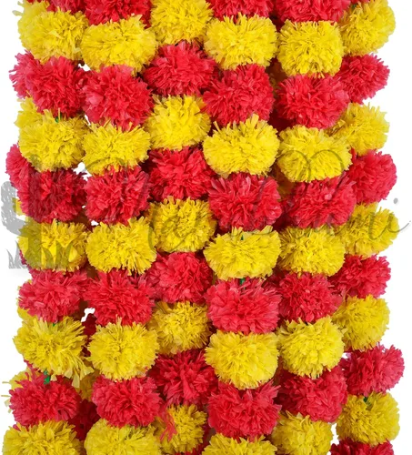 Miniatura 13 de Tira de flores artificiales Marubhumi, 5 unidades de 4,5 pies de largo, flores de caléndulas, guirnalda para decoración Diwali, decoración Amarillo