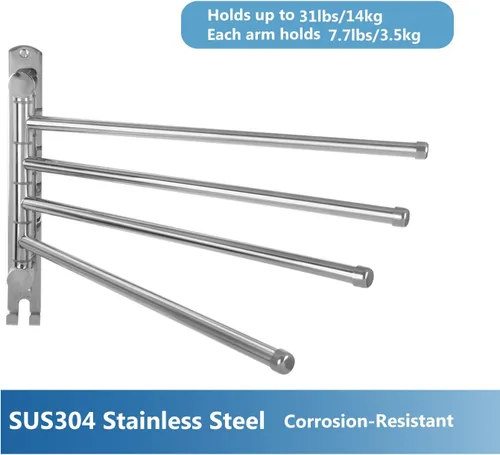 Miniatura 5 de JSVER - Toallero giratorio de 4 brazos para baño, toallero montado en la pared, de acero inoxidable SUS304, ahorrador de espacio, toalleros