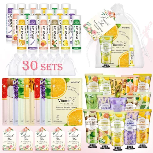 Paquete de 30 mascarillas faciales a granel, juegos de crema de manos a granel y bálsamo labial a granel, rellenos de calcetines para mujeres,