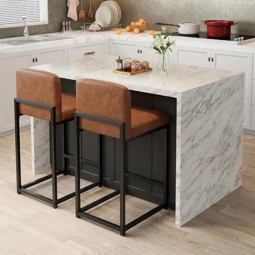 Miniatura 14 de GarveeHome Juego de 2 taburetes de bar, modernos taburetes de bar de altura de mostrador con respaldo y reposapiés, taburetes de bar tapizados