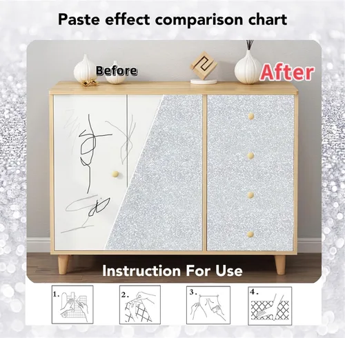 Miniatura 3 de Kitico Papel tapiz plateado con purpurina, papel de contacto plateado, cubierta creativa, despegar y pegar, papel tapiz autoadhesivo extraíble