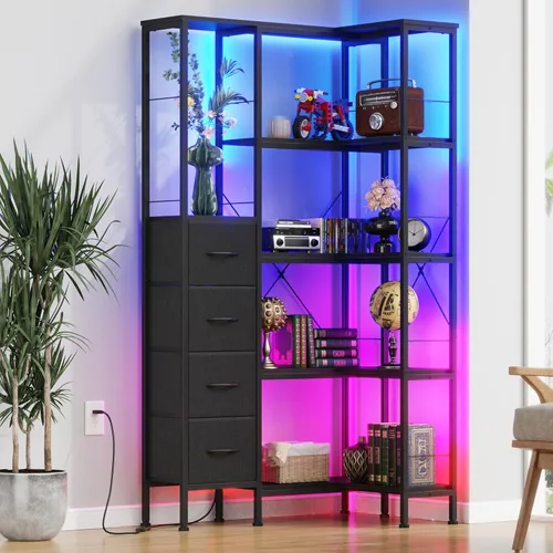 Miniatura 10 de AFLUI - Estantería de esquina con tiras de luz LED y 4 cajones de tela, estante de esquina convertible de 5 niveles con estante de exhibición