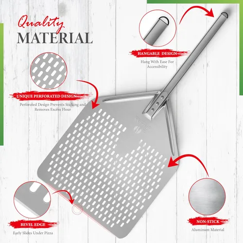 Miniatura 2 de The Italian Kitchen - Pala perforada para pizza, pala profesional de metal de 13 x 16.7 pulgadas, 27.3 pulgadas en total, funciona con todos