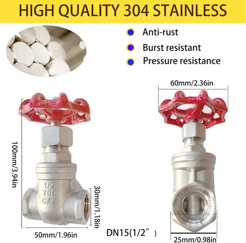 Miniatura 3 de Válvula de compuerta de acero inoxidable 304, válvula de globo rotativa roscada hembra de acero inoxidable NPT de 1/2 "para interruptores de flujo