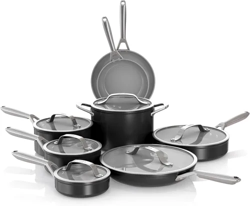 Ninja Ceramic Pro Juego de utensilios de cocina de cerámica de 14 piezas, juego de ollas y sartenes antiadherentes con tapas de vidrio, no tóxico,