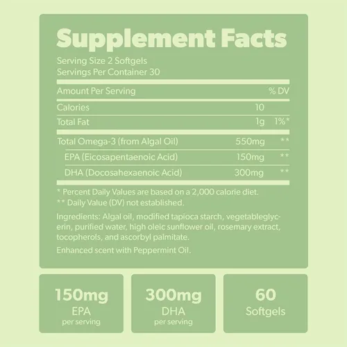 Miniatura 7 de Suplemento de Omega 3 vegano - Ácidos grasos DHA y EPA de base vegetal - Sin carragenina, alternativa al aceite de pescado, apoya la salud