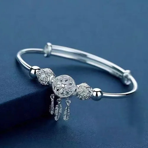 Miniatura 3 de Pulsera de plata de ley 925 hecha a mano vintage con atrapasueños, pulsera ajustable tallada para regalo para mujeres en cumpleaños, aniversarios