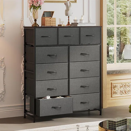 Miniatura 4 de WLIVE Cómoda alta para dormitorio, torre de almacenamiento de aparadores de tela, cómoda y cómoda con 11 cajones, armario de almacenamiento, Gris