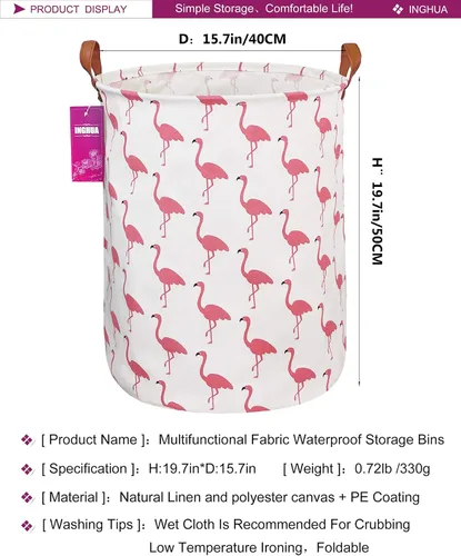 Miniatura 2 de Cesta de lavandería grande de tela de lona ligera, cesta de almacenamiento/organizador de juguetes/ropa sucia, plegable, impermeable, para Flamencos