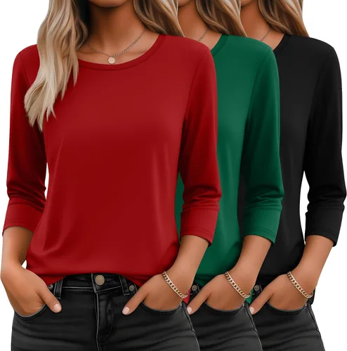 Miniatura 20 de Ficerd Paquete de 3 camisetas de manga 3/4 para mujer, cuello redondo, camisetas básicas elegantes, casuales, modernas, holgadas