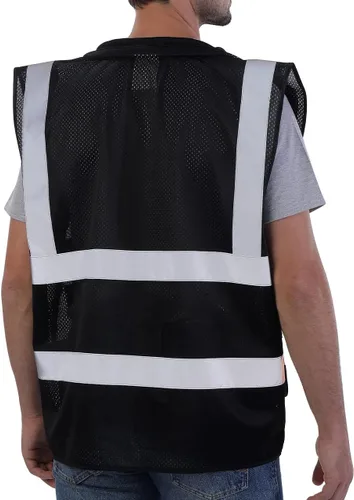 Miniatura 2 de Neopelta Chaleco de seguridad reflectante de malla negra, chaleco de alta visibilidad con bolsillos y cremallera, cuello acolchado, color negro, 2X