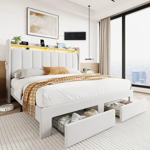 Miniatura 16 de SHA CERLIN Base de cama de plataforma de tamaño matrimonial con cabecera de canal vertical copetuda y 2 cajones de almacenamiento, estantes de 2