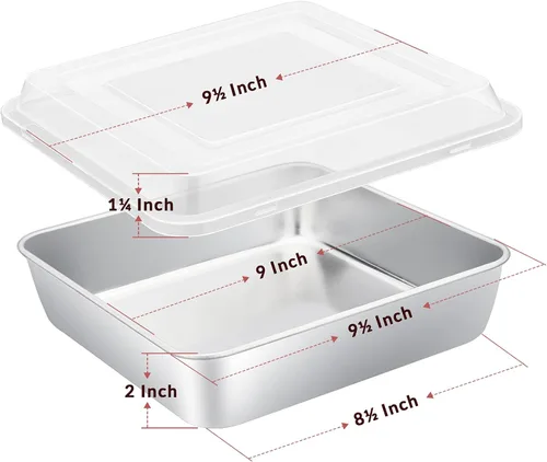 Miniatura 2 de E-far Bandeja para hornear de 9 x 9 pulgadas con tapa, moldes cuadrados de acero inoxidable para hornear, no tóxicos y saludables, fáciles