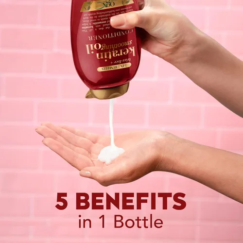 Miniatura 5 de OGX Acondicionador de aceite suavizante sin encrespamiento + queratina, 5 en 1, para cabello encrespado, cabello brillante, 13 onzas líquidas