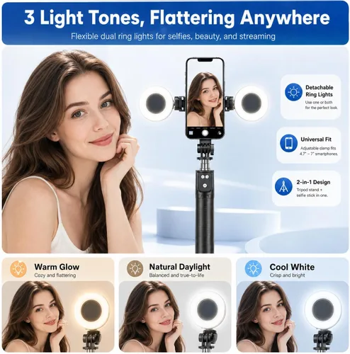 Miniatura 3 de Trípode negro para iPhone con luz, soporte de luz de anillo para iPhone, soporte ajustable para selfie stick con luz de relleno, trípode extensible