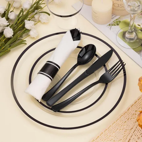 Miniatura 3 de BESTSTAR Juego de 175 platos desechables transparentes y negros para 25 invitados, 50 platos de plástico, 25 vasos, 25 servilletas preenrolladas