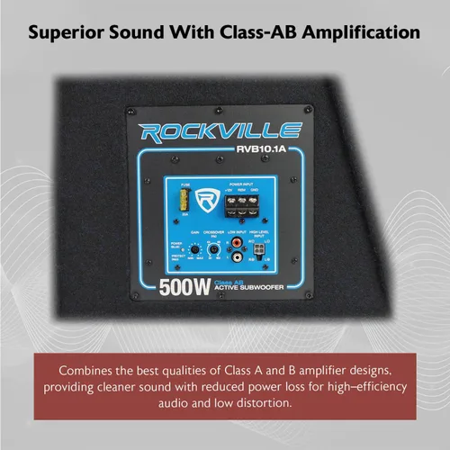 Miniatura 7 de Rockville RVB10.1A Subwoofer activo para automóvil de 10 pulgadas y 500 W con gabinete, amplificador de clase AB integrado, refuerzo de graves