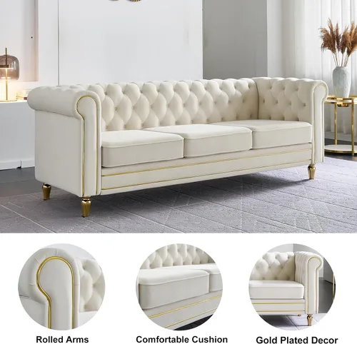 Miniatura 4 de Sofá Chesterfield de terciopelo de 84 pulgadas, sofá moderno de 3 plazas de mediados de siglo con brazos enrollados, marco de madera maciza y patas
