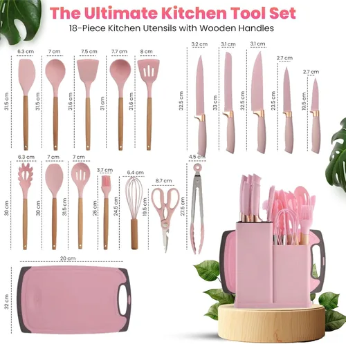 Miniatura 2 de Utensilios de cocina rosados del silicón, sistema de cocina antiadherente, manija de madera BPA no tóxica libre