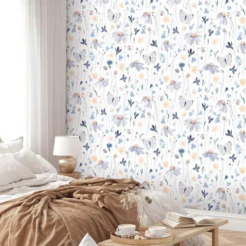 Miniatura 5 de CRE8TIVE Papel tapiz floral de acuarela para despegar y pegar, 24 x 118 pulgadas, diseño de mariposas amarillas/azules, para dormitorio, mural