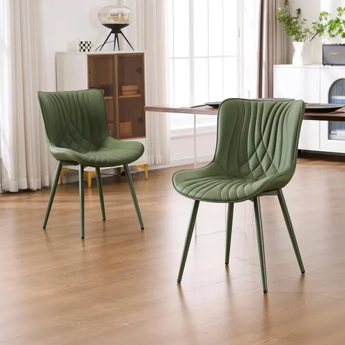 Miniatura 3 de YOUTASTE Juego de 2 sillas de comedor tapizadas de cuero, color verde oliva, modernas y cómodas sillas de comedor de cocina de mediados de siglo