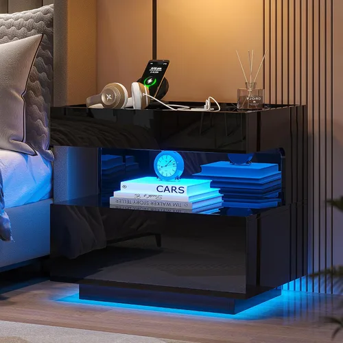 Miniatura 19 de HNEBC Mesita de noche con cajones para armas, mesita de noche de granja con estación de carga, mesita de noche secreta con luz automática de 3