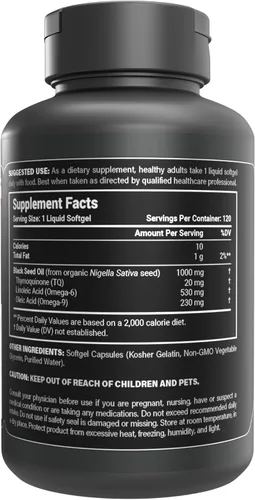 Miniatura 2 de Naturalis Aceite de semilla negra prensado en frío 1000 mg 2% de timoquinona natural (TQ) para cabello, piel, uñas y apoyo cardiovascular Sin