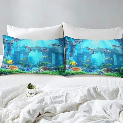 Miniatura 4 de Erosebridal Juego de sábanas 3D de mundo submarino con diseño de peces de playa, azul mar, tamaño individual, sábana bajera ajustable con diseño