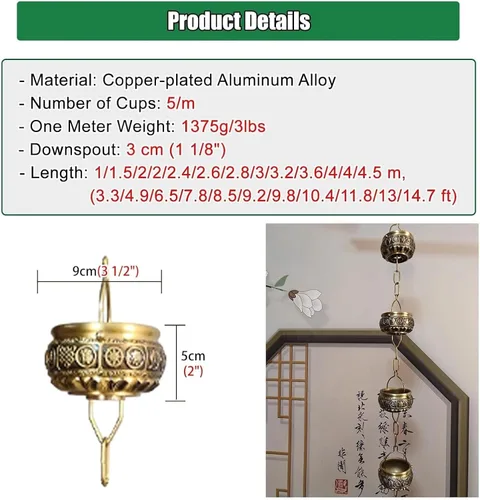 Miniatura 2 de Rain Chains,Rain Catcher Chain, Hanging Rain Chain Aluminum, Decorative Water Catcher Copper-Plated Cup, Heavy Rain Water Chain,B-26m/85ft