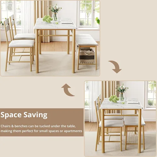 Miniatura 6 de Conjunto de mesa de comedor IRONCK para 4, mesa de cocina con banco tapizado y 2 sillas, juego de mesa y sillas de cocina para espacios pequeños