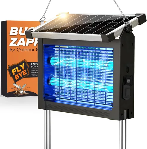 Extractor de Insectos Solar para Exteriores, Jinyeda Mata Mosquitos Recargable 4500V con Batería de 4000mAh, Panel Solar Desmontable, Mata Mosquitos