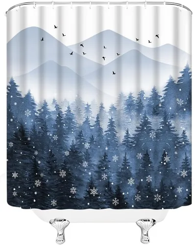 Miniatura 3 de Cortina de ducha de bosque brumoso, pino, copo de nieve, acuarela, abstracto, niebla, montaña, planta azul, rústico, misterioso, naturaleza