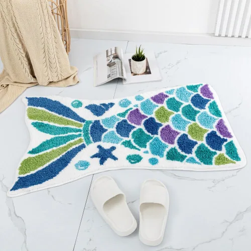Miniatura 6 de Bonita alfombra de baño de sirena, divertida alfombra de baño con forma de cola de pez océano azul, escamas de sirena, para baño, antideslizante